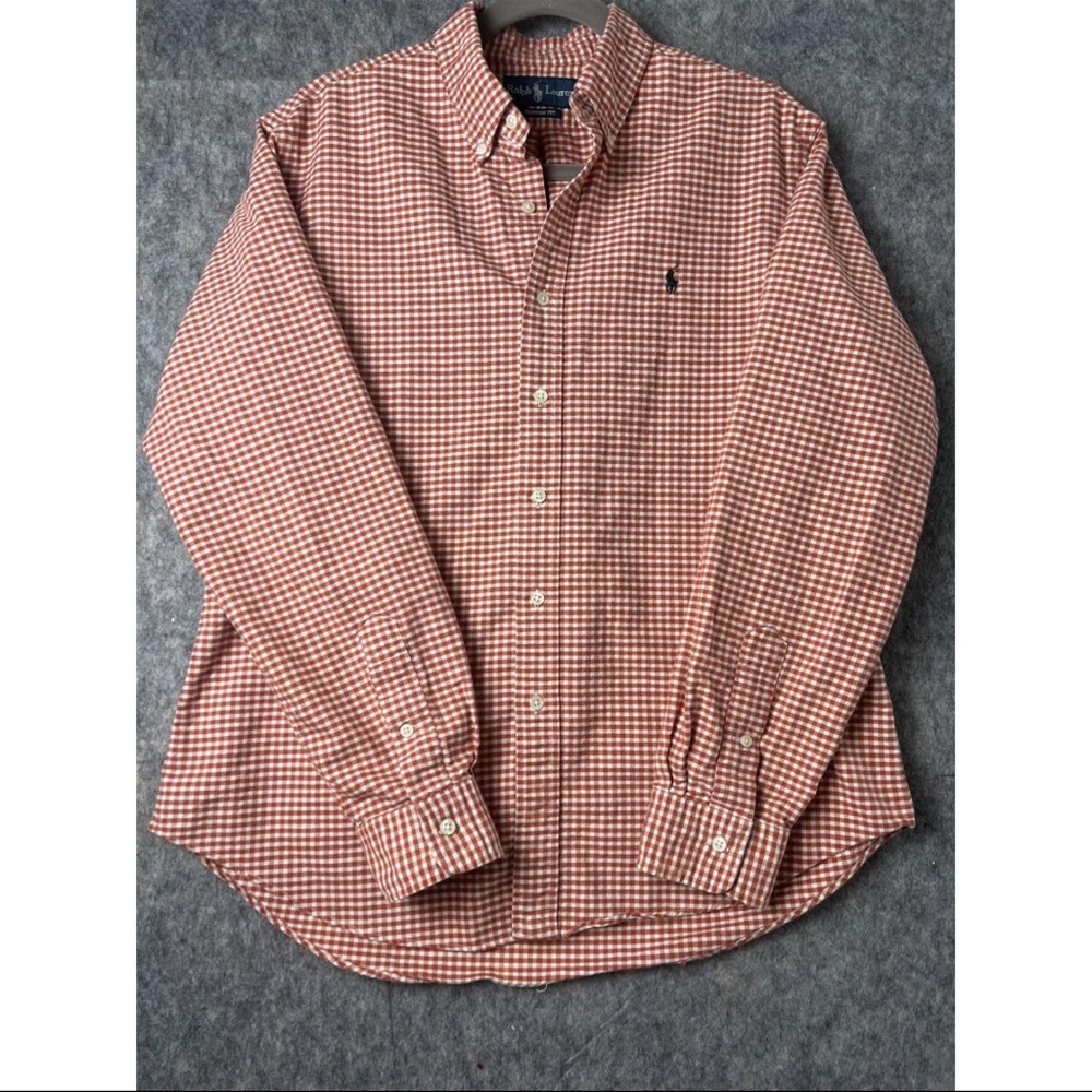 Ralph Lauren Shirt Men's Large Orange White‎ Checkered Custom Fit Button-Down